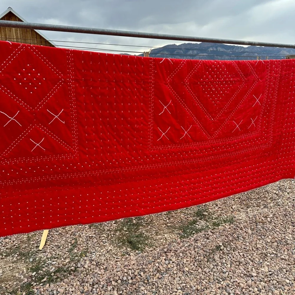 Vintage Hand Quilted Red Gingham Check Embroidery Tufted Blanket Quilt 84x62